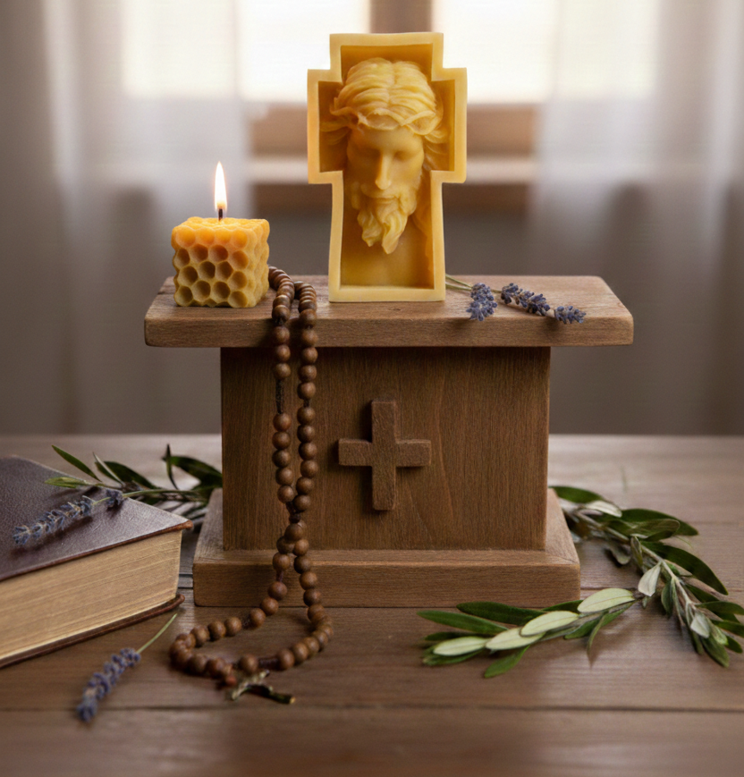 Figura religiosa de Jesús en cruz hecha a mano en cera virgen